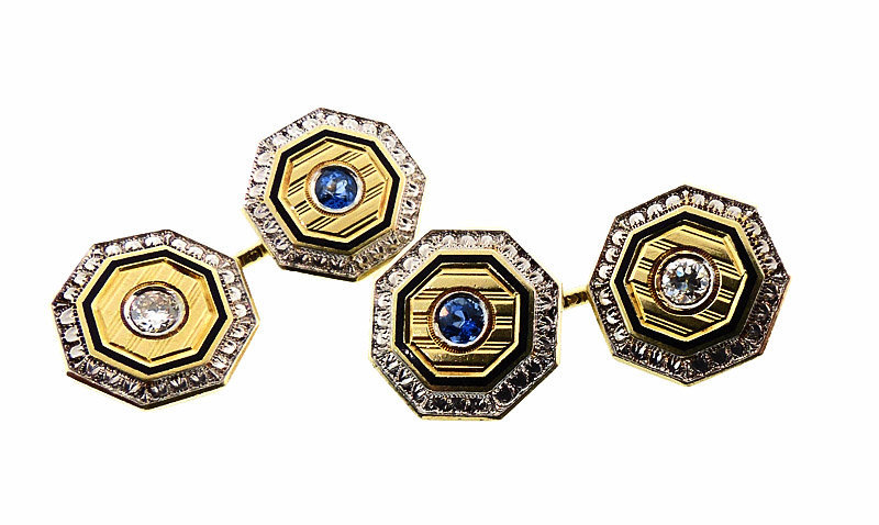 Krementz 14K Gold, Platinum, Enamel, Diamond &amp; Sapphire Cufflinks