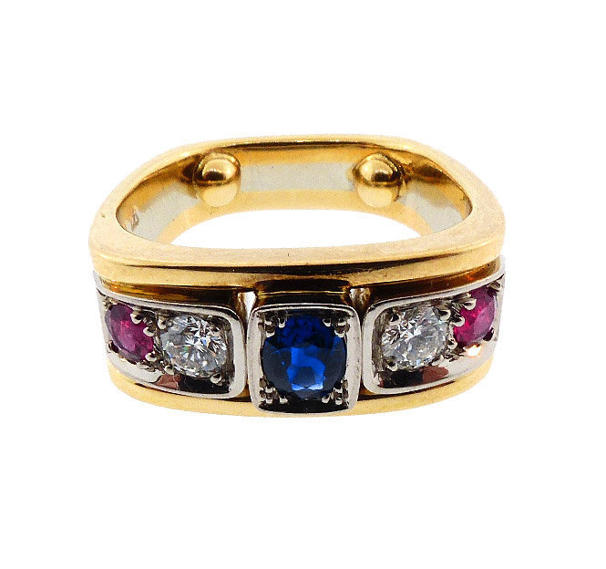 Contemporary 18K Gold, Diamond, Ruby &amp; Sapphire Ring