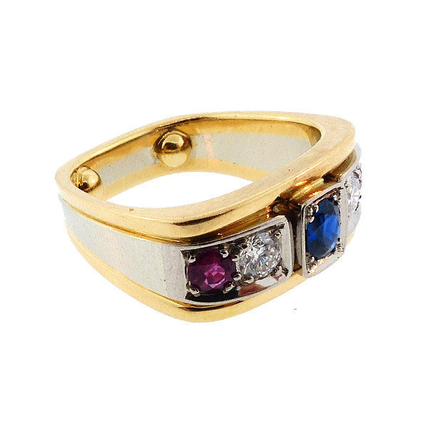 Contemporary 18K Gold, Diamond, Ruby &amp; Sapphire Ring