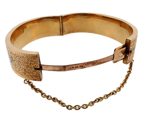 Victorian 14K Gold &amp; Taille d’Epargne Enamel Hinged Bangle Bracelet