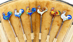 Art Deco Enameled Sterling Silver Rooster Cocktail Picks