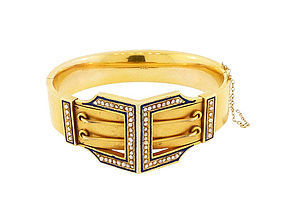 Victorian 14K Gold Seed Pearl & Enamel Buckle Hinged Bangle Bracelet