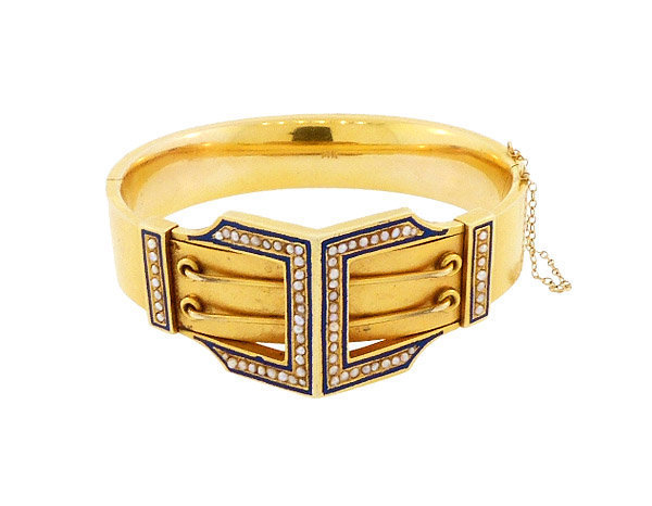 Victorian 14K Gold Seed Pearl &amp; Enamel Buckle Hinged Bangle Bracelet