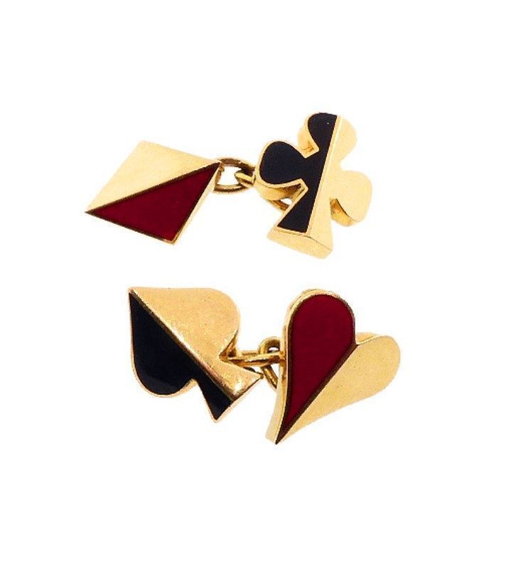 Art Deco Ravinet d Enfert 18K Gold & Enamel Card Suite Cufflinks