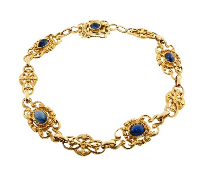 French Art Nouveau 18K Gold & Cabochon Sapphire Bracelet