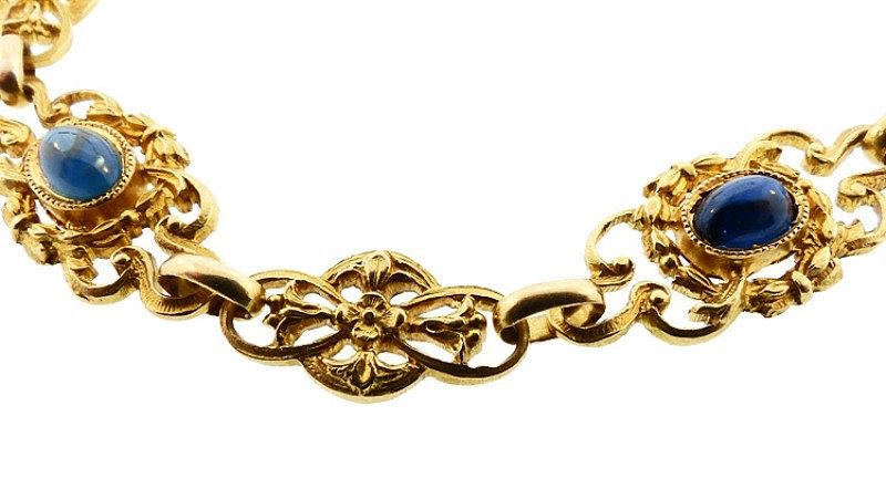 French Art Nouveau 18K Gold &amp; Cabochon Sapphire Bracelet