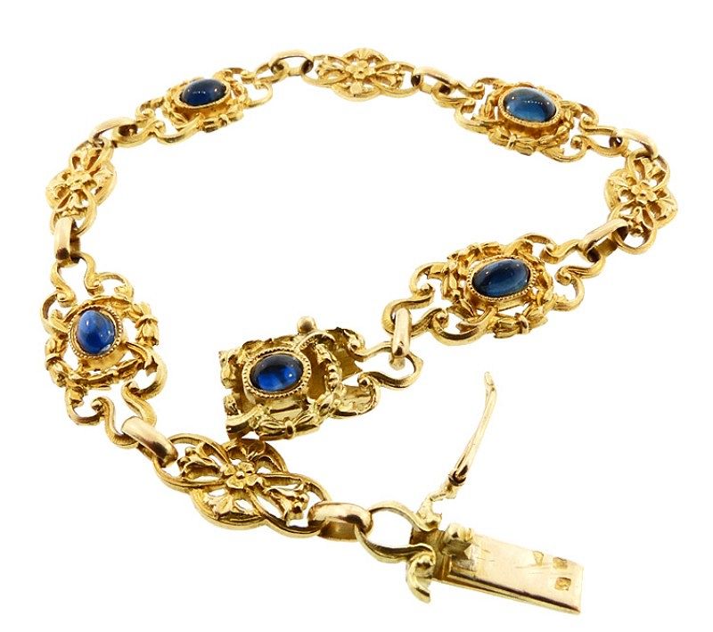 French Art Nouveau 18K Gold &amp; Cabochon Sapphire Bracelet