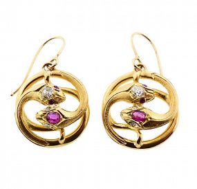 Victorian 18K Gold, Diamond & Ruby Snake Earrings