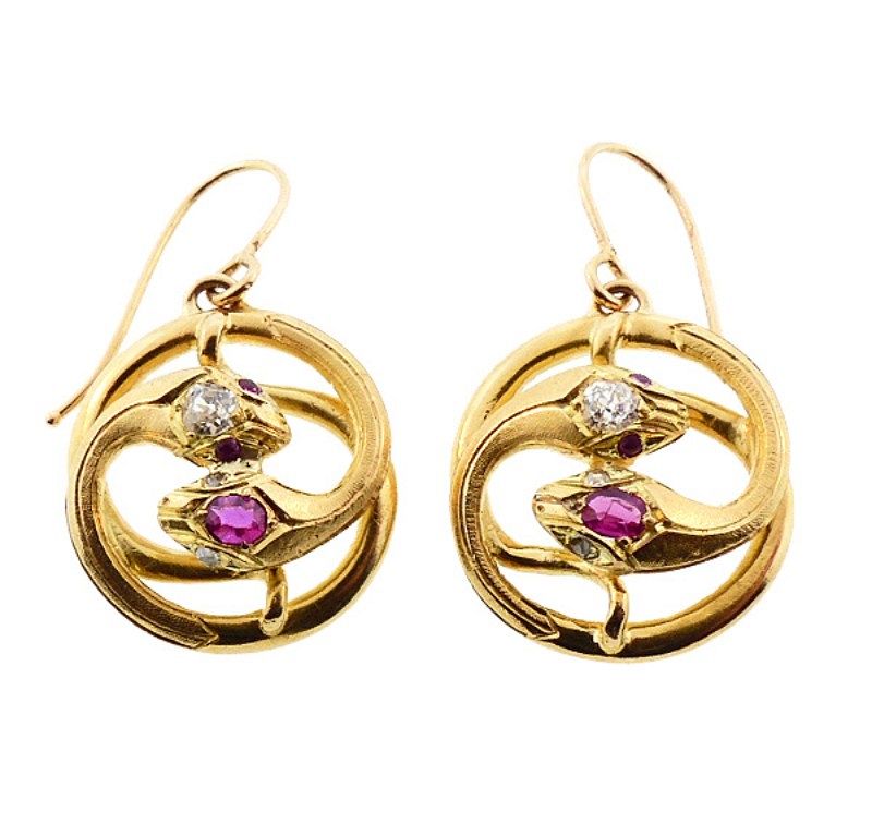 Victorian 18K Gold, Diamond &amp; Ruby Snake Earrings