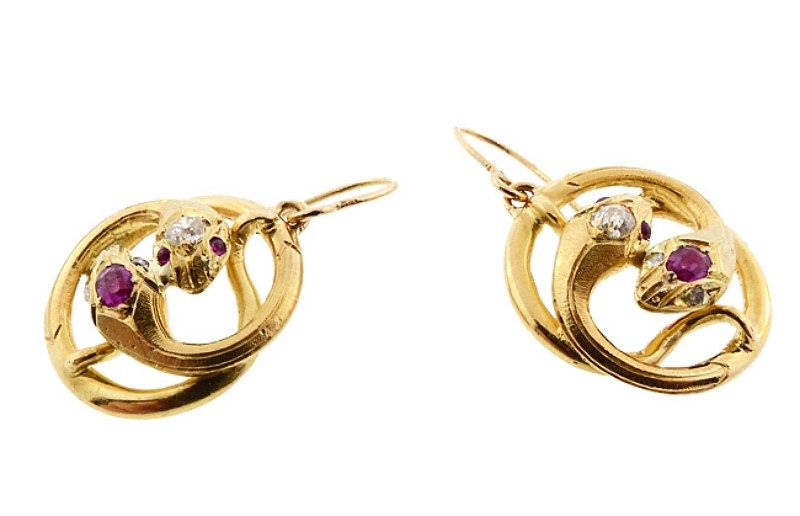 Victorian 18K Gold, Diamond &amp; Ruby Snake Earrings