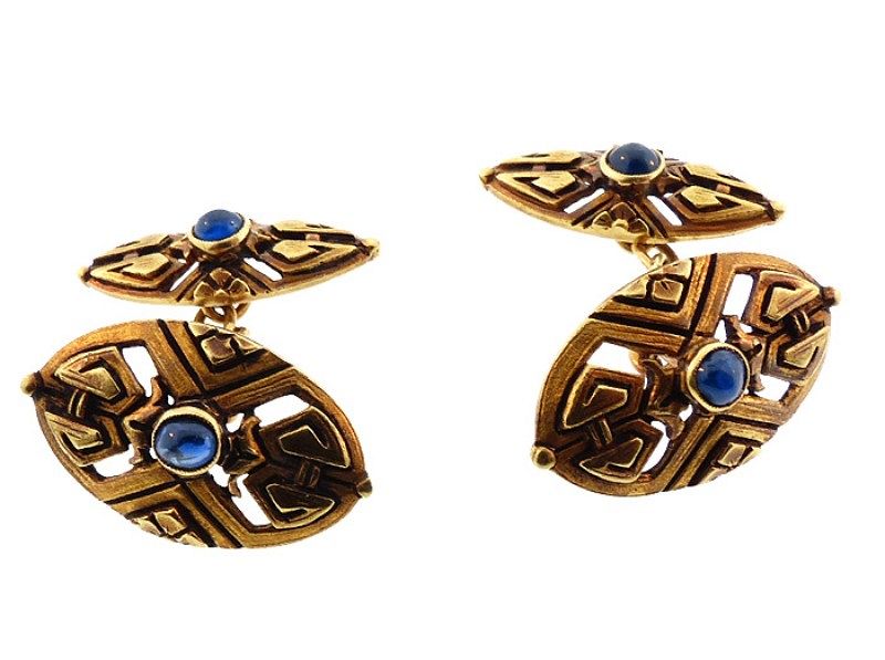 French Aesthetic Period 18K Gold &amp; Sapphire Cufflinks