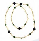 1960s French 18K Gold, Onyx & Nephrite Jade Long Chain Necklace