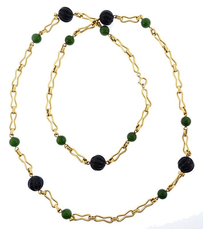 1960s French 18K Gold, Onyx &amp; Nephrite Jade Long Chain Necklace