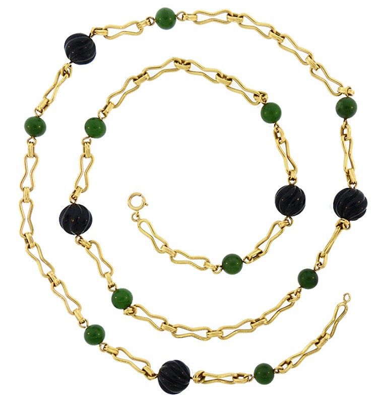 1960s French 18K Gold, Onyx &amp; Nephrite Jade Long Chain Necklace