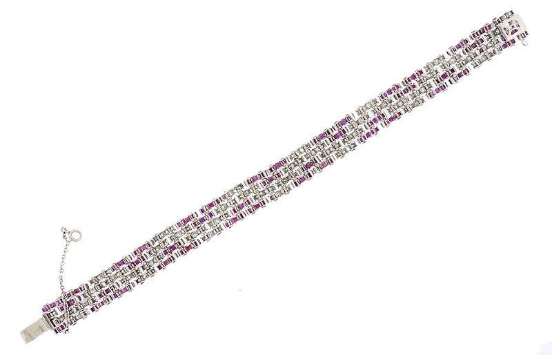 French Art Deco Platinum, 19-Carat Diamond &amp; Ruby Bracelet