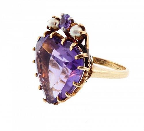 Vintage 14K Gold, Amethyst & Pearl Heart Ring