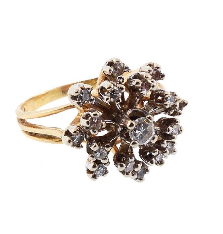 1960s 14K Gold & Diamond Cluster Snowflake Cocktail Ring