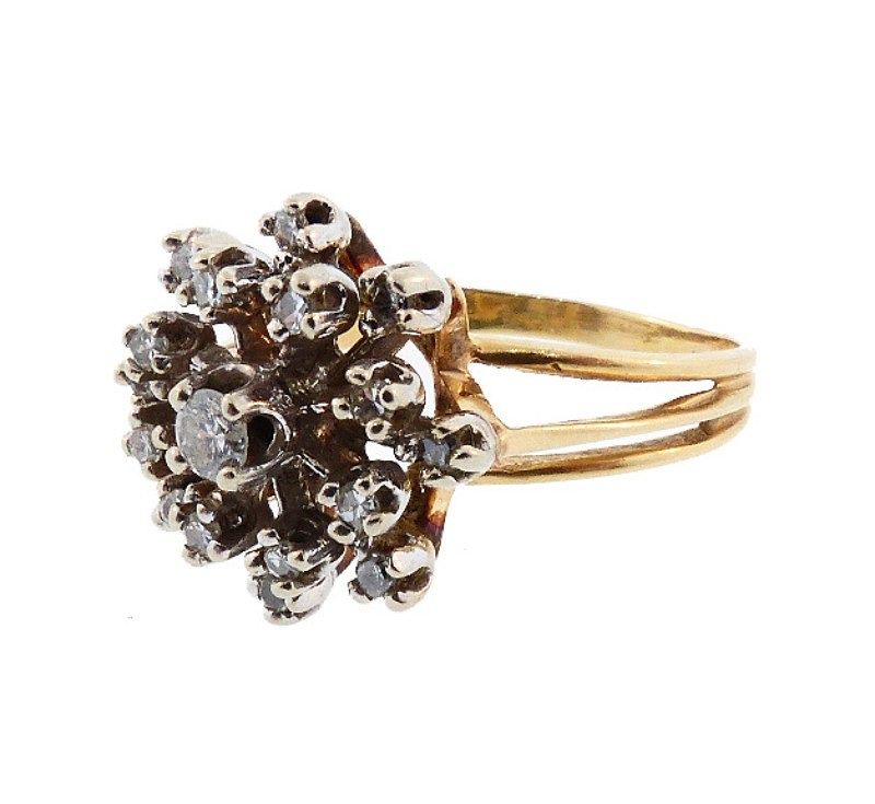 1960s 14K Gold &amp; Diamond Cluster Snowflake Cocktail Ring
