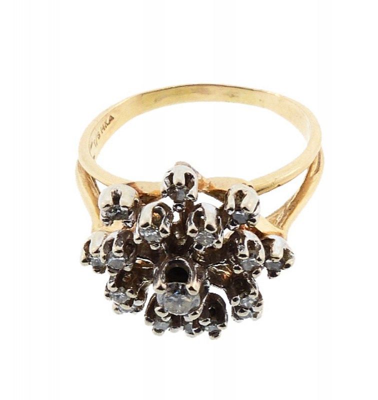 1960s 14K Gold &amp; Diamond Cluster Snowflake Cocktail Ring