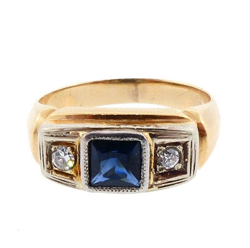 Gentleman's Art Deco 14K Gold, Sapphire &amp; Diamond Ring