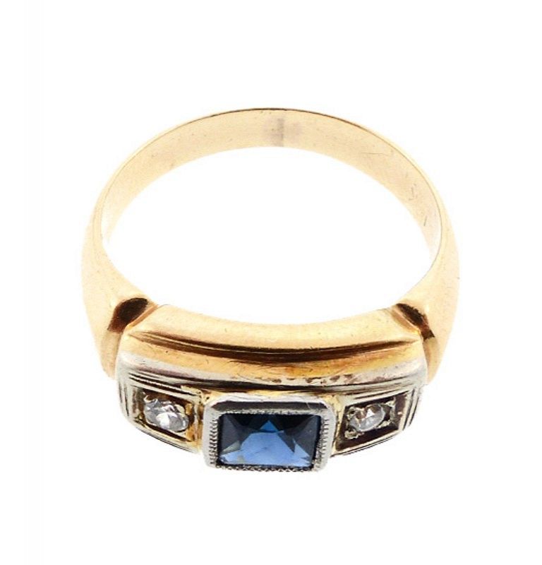 Gentleman's Art Deco 14K Gold, Sapphire &amp; Diamond Ring