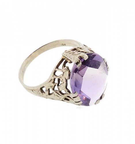 Edwardian 10K White Gold Filigree & Amethyst Ring