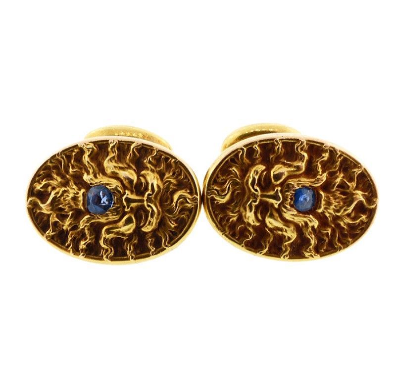 Larter Art Nouveau 14K Gold &amp; Sapphire Mythological Poseidon Cufflinks