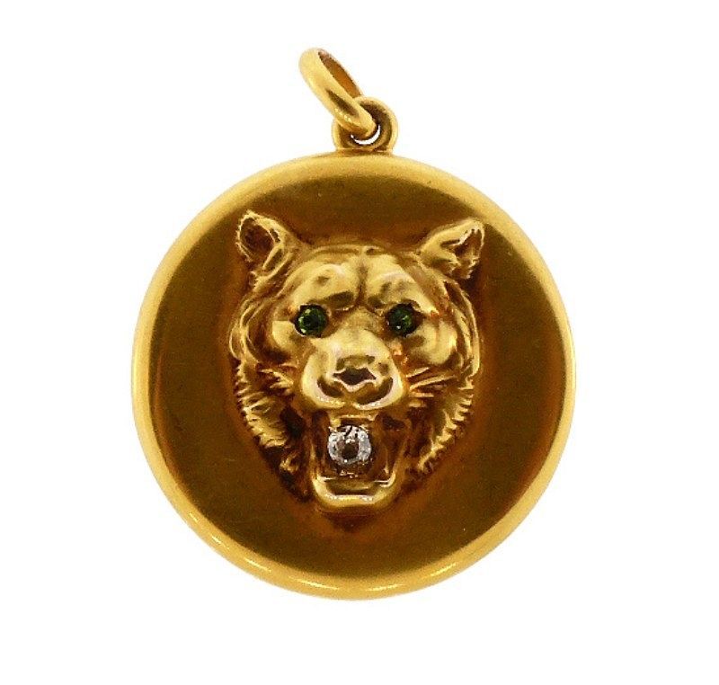 Victorian 10K Gold, Diamond &amp; Demantoid Garnet Lion Locket