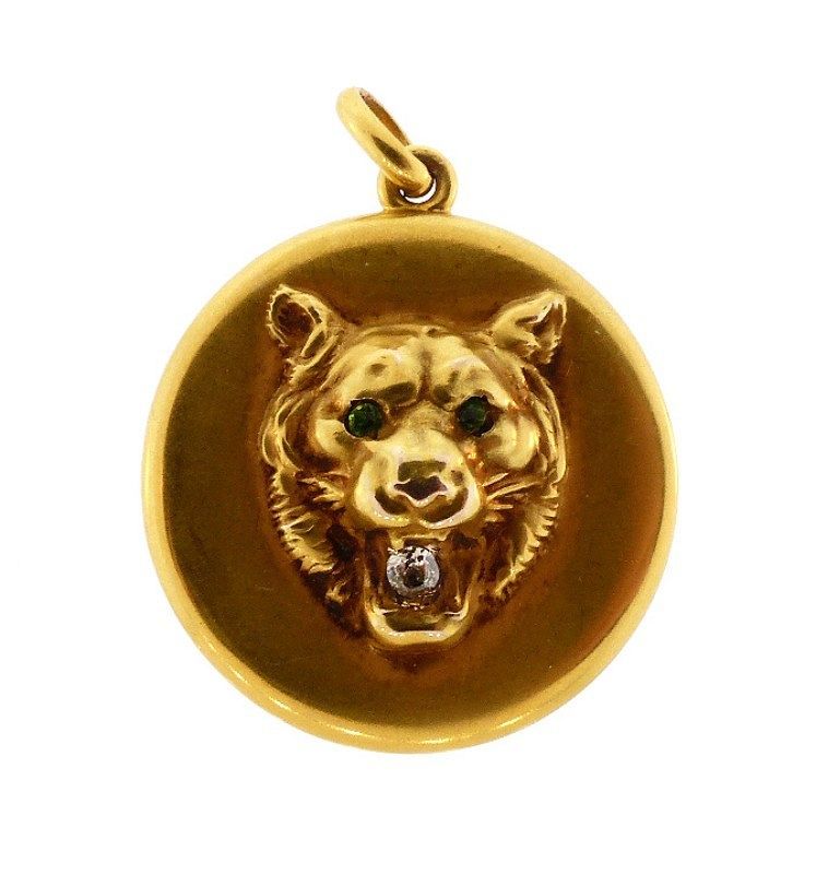 Victorian 10K Gold, Diamond &amp; Demantoid Garnet Lion Locket