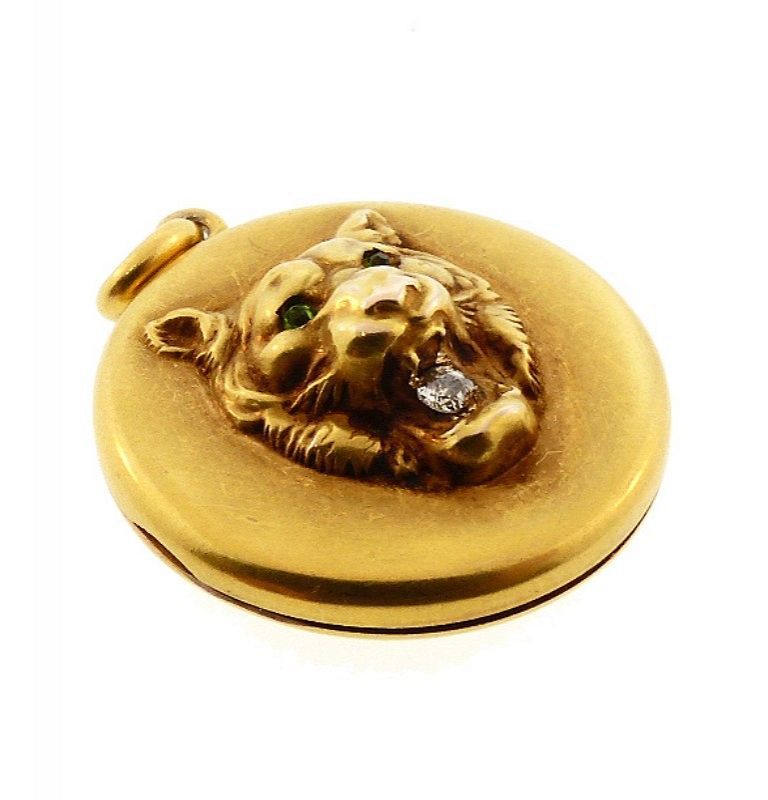 Victorian 10K Gold, Diamond &amp; Demantoid Garnet Lion Locket