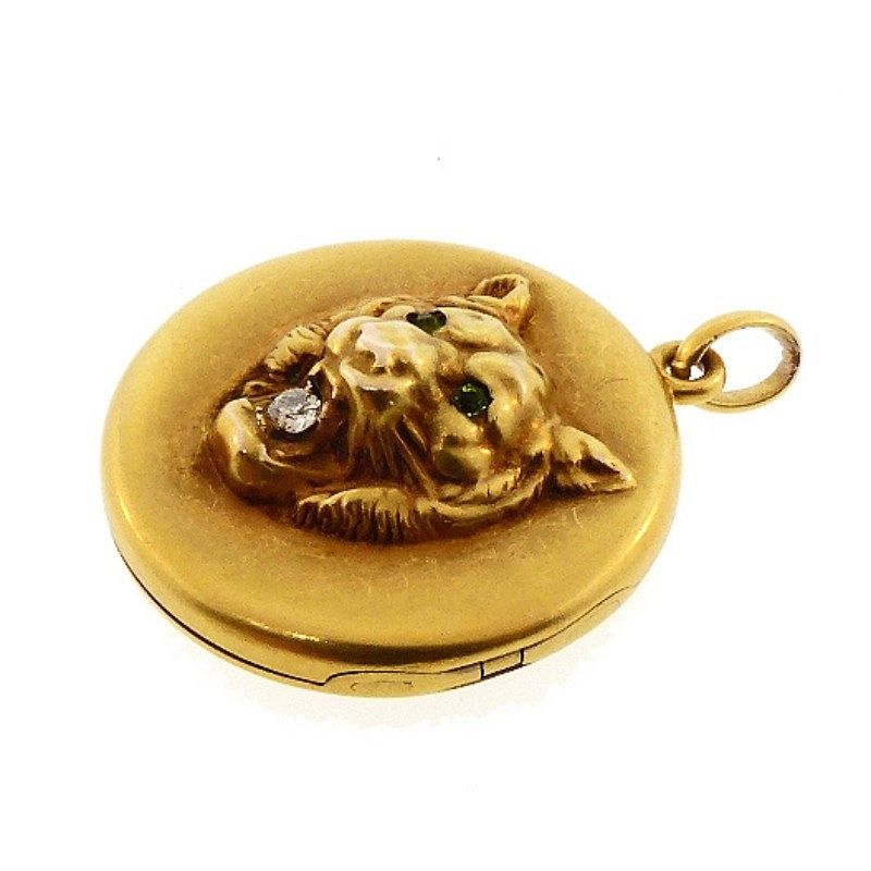 Victorian 10K Gold, Diamond &amp; Demantoid Garnet Lion Locket