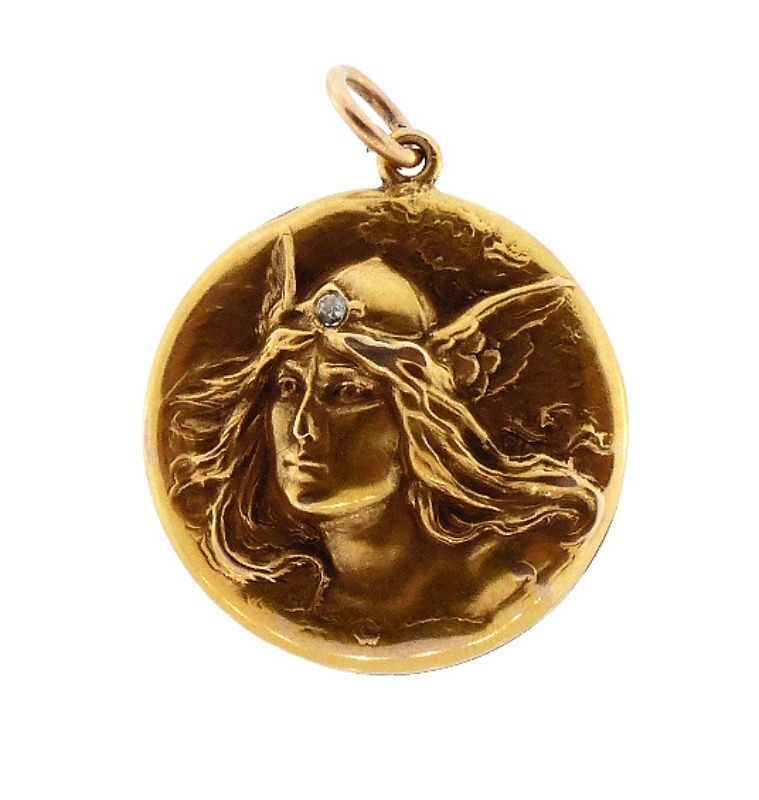 Art Nouveau 14K Gold & Diamond Norse Mythology Valkyrie Goddess Locket