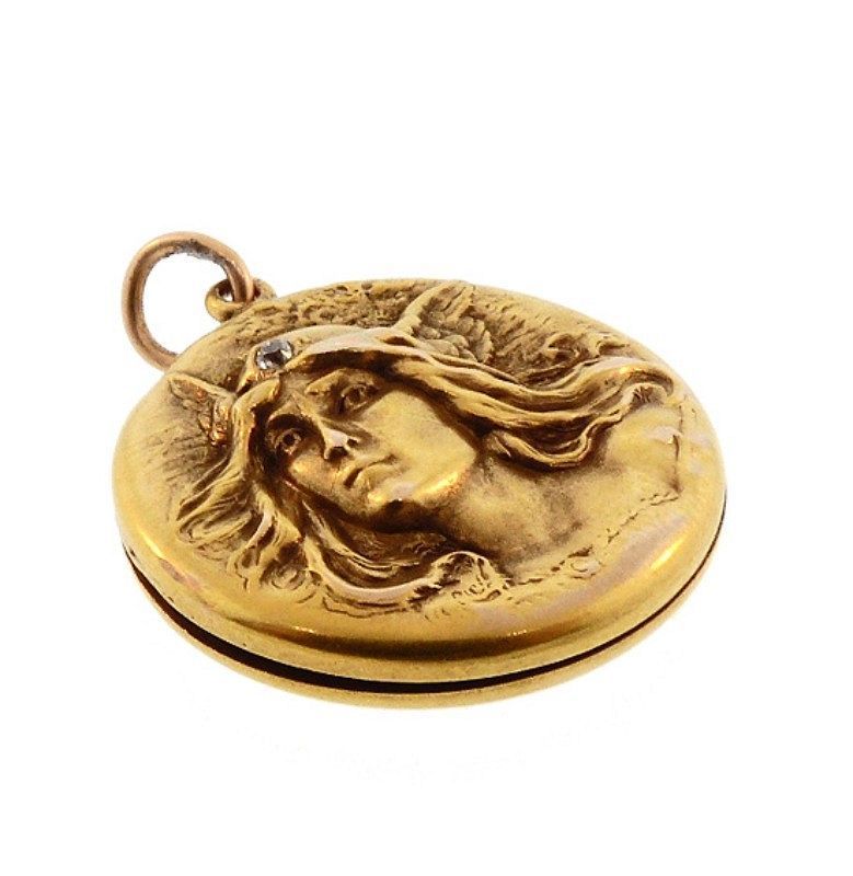 Art Nouveau 14K Gold &amp; Diamond Norse Mythology Valkyrie Goddess Locket