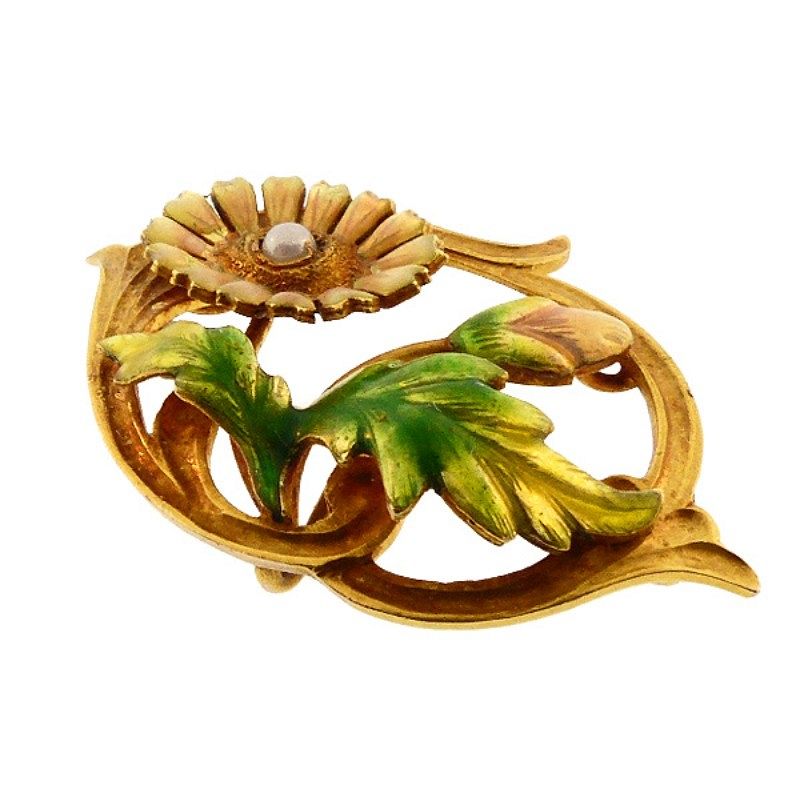 Art Nouveau 14K Gold, Enamel &amp; Pearl Daisy Pin