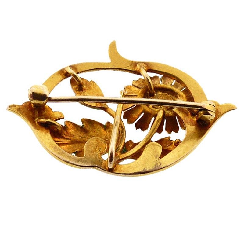 Art Nouveau 14K Gold, Enamel &amp; Pearl Daisy Pin