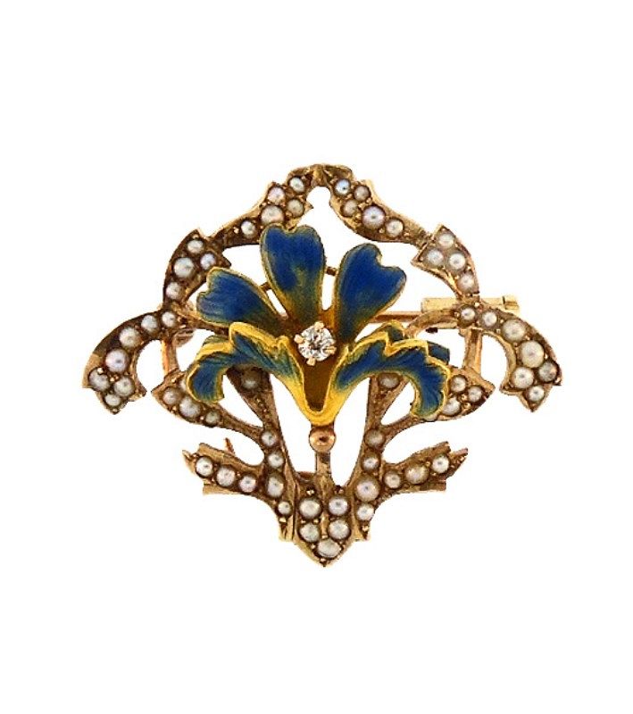 Art Nouveau 14K Gold, Enamel, Diamond & Pearl Lily Flower Pin