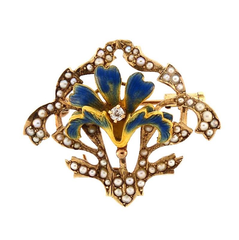 Art Nouveau 14K Gold, Enamel, Diamond &amp; Pearl Lily Flower Pin