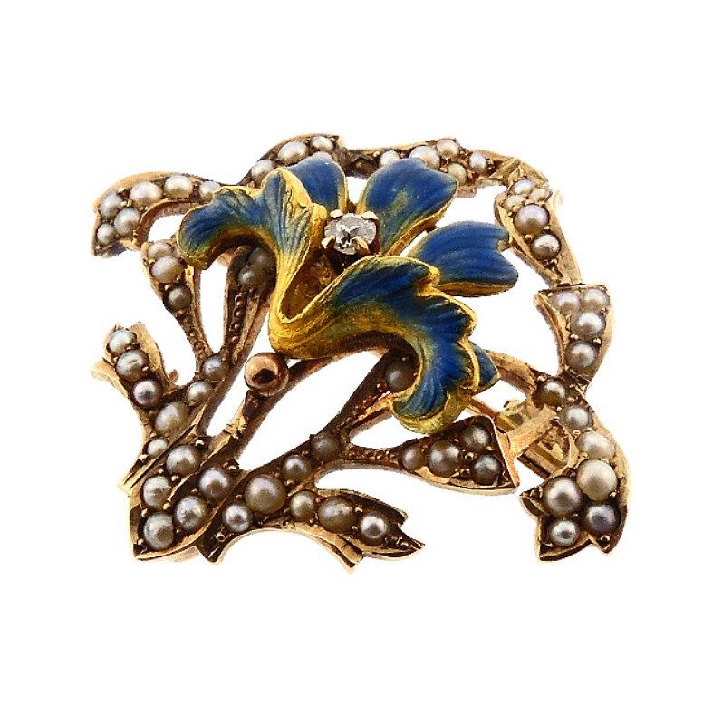 Art Nouveau 14K Gold, Enamel, Diamond &amp; Pearl Lily Flower Pin
