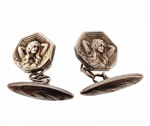 French Art Nouveau Silver Medallist Maiden and Spider Web Cufflinks