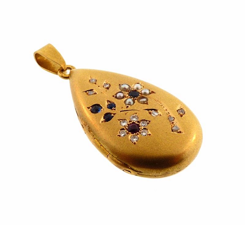 Edwardian 19K Gold, Diamond, Ruby, Sapphire &amp; Pearl Locket