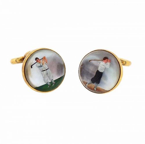 Art Deco 14K Gold & Essex Crystal Golf Flip-Up Stirrup Cufflinks