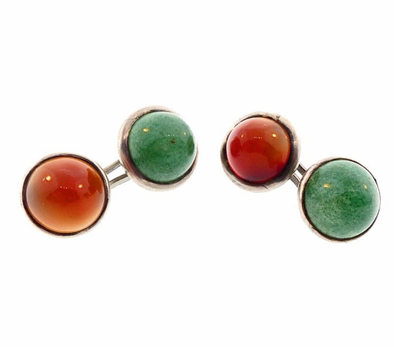 Scandinavian Art Deco 830 Silver, Carnelian &amp; Aventurine Cufflinks