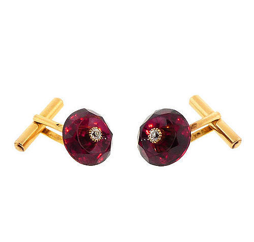 French 18K Gold, Rhodoliite Garnet & Diamond Cufflinks by Leon Favrin