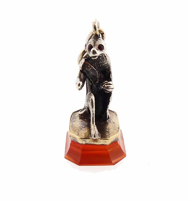 Victorian 18K Gold, Silver, Garnet &amp; Carnelian Monkey Fob Seal