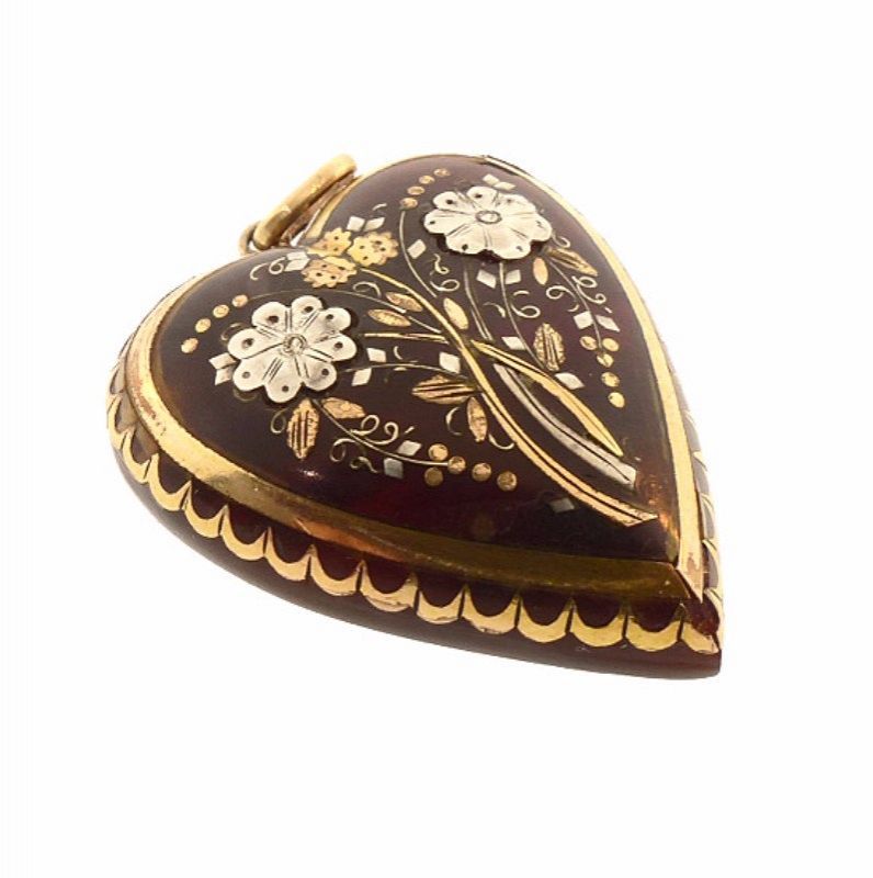 Victorian Gold &amp; Silver Tortoiseshell Pique Heart Pendant