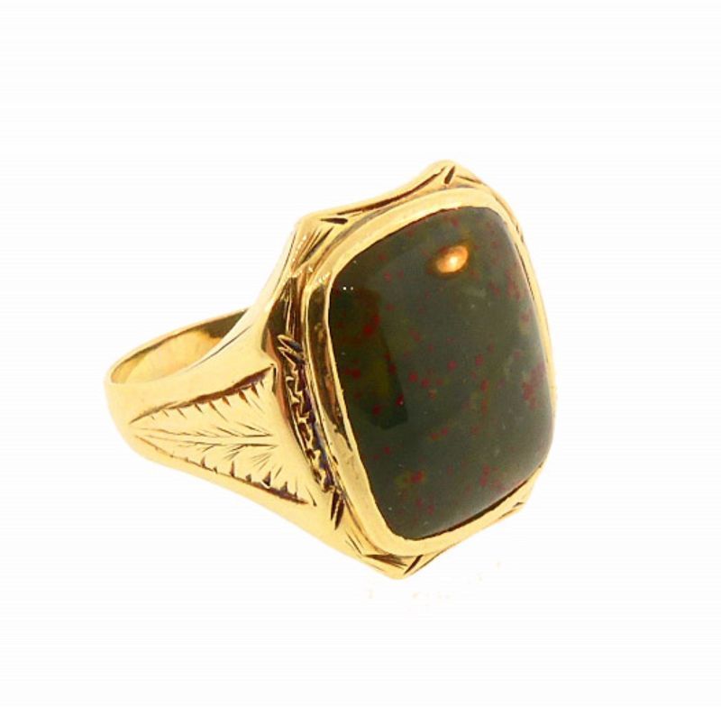 Art Deco Gentlemanâ€™s 14K Gold &amp; Bloodstone Egyptian Revival Ring
