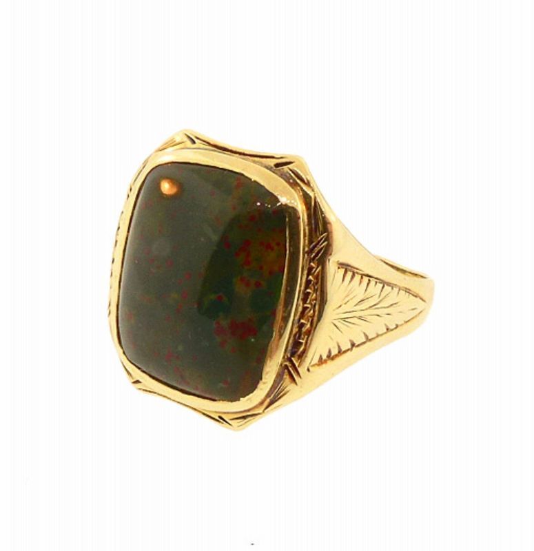 Art Deco Gentlemanâ€™s 14K Gold &amp; Bloodstone Egyptian Revival Ring