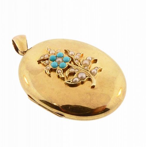 Victorian 15K Yellow Gold, Pearl & Persian Turquoise Locket