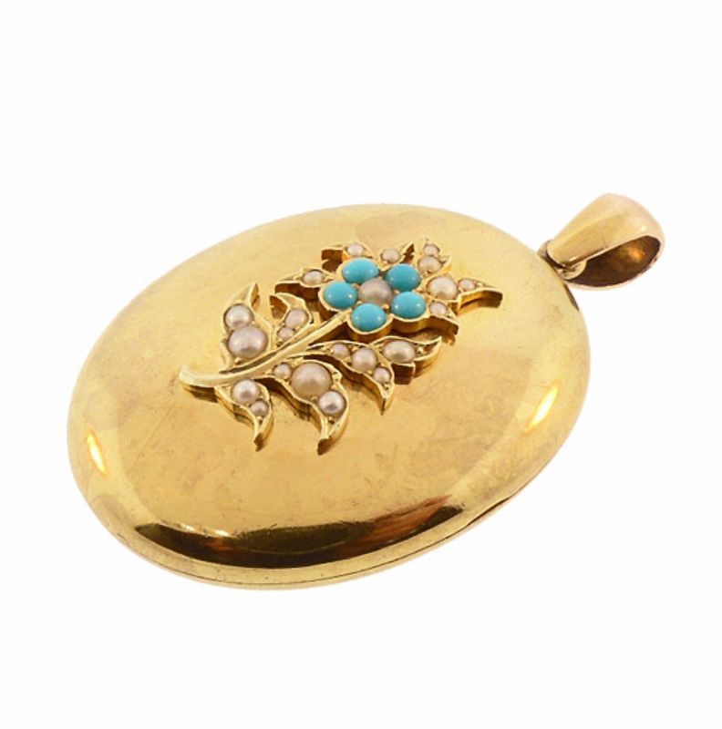 Victorian 15K Yellow Gold, Pearl &amp; Persian Turquoise Locket