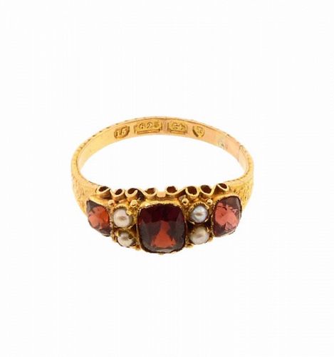 Victorian 15K Gold Spessartite Garnet & Pearl Ring